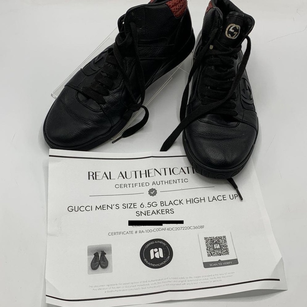 Gucci Men's Black Leather Sneakers Size 6.5 Black High Lace Up Sneakers w/COA - Picture 8 of 10